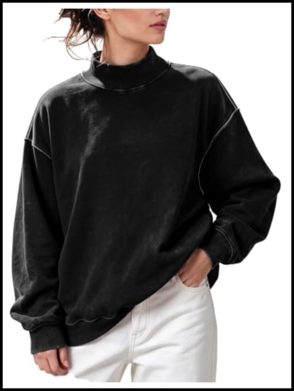 Womens Mock Neck Sweatshirt Acid Wash Fleece Pullover Oversized
